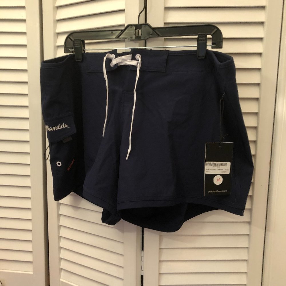 Maui Rippers women navy blue board shorts, Rippers Mermaid, leg pocket, 16